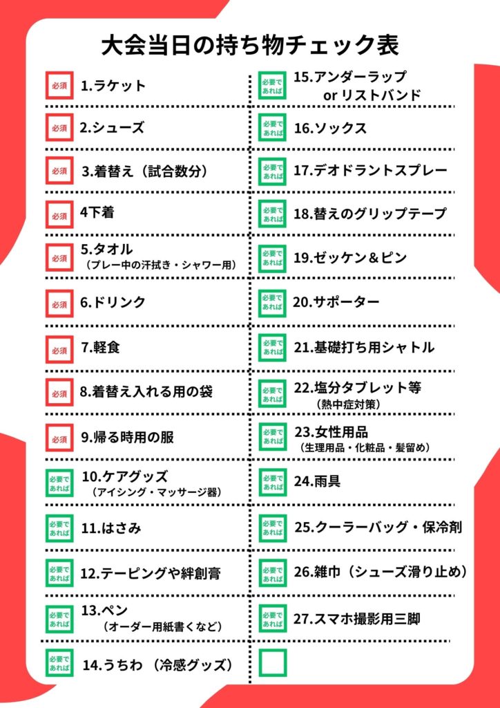 バドミントン大会当日の持ち物チェック表